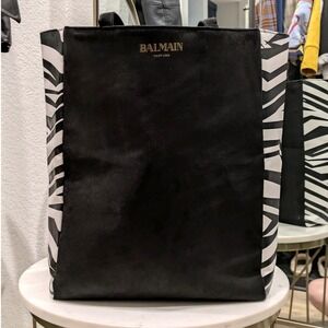 Balmain Parfums Black Zebra Print Tote Bag Faux Suede‎ BAZPA31